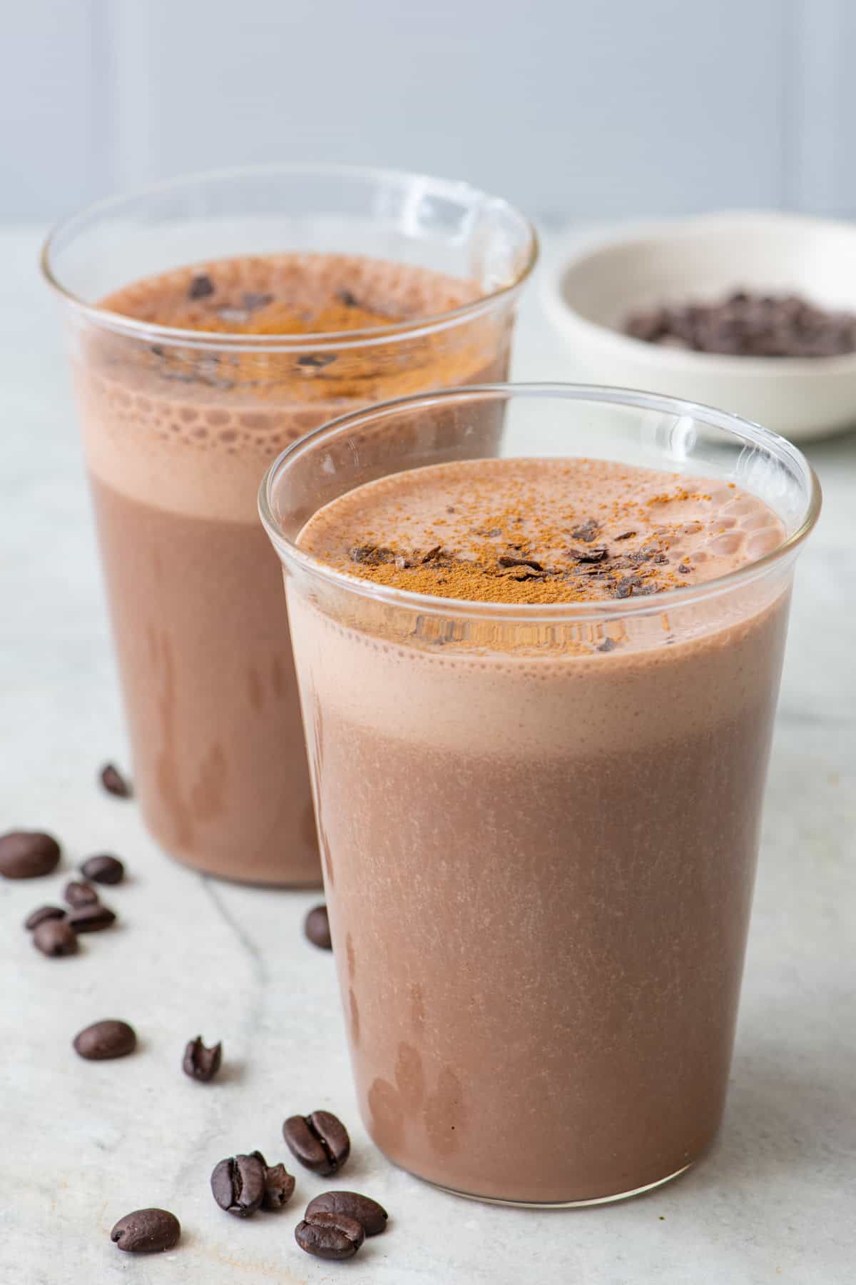 Close-up shot of the breakfast coffee smoothie glasses