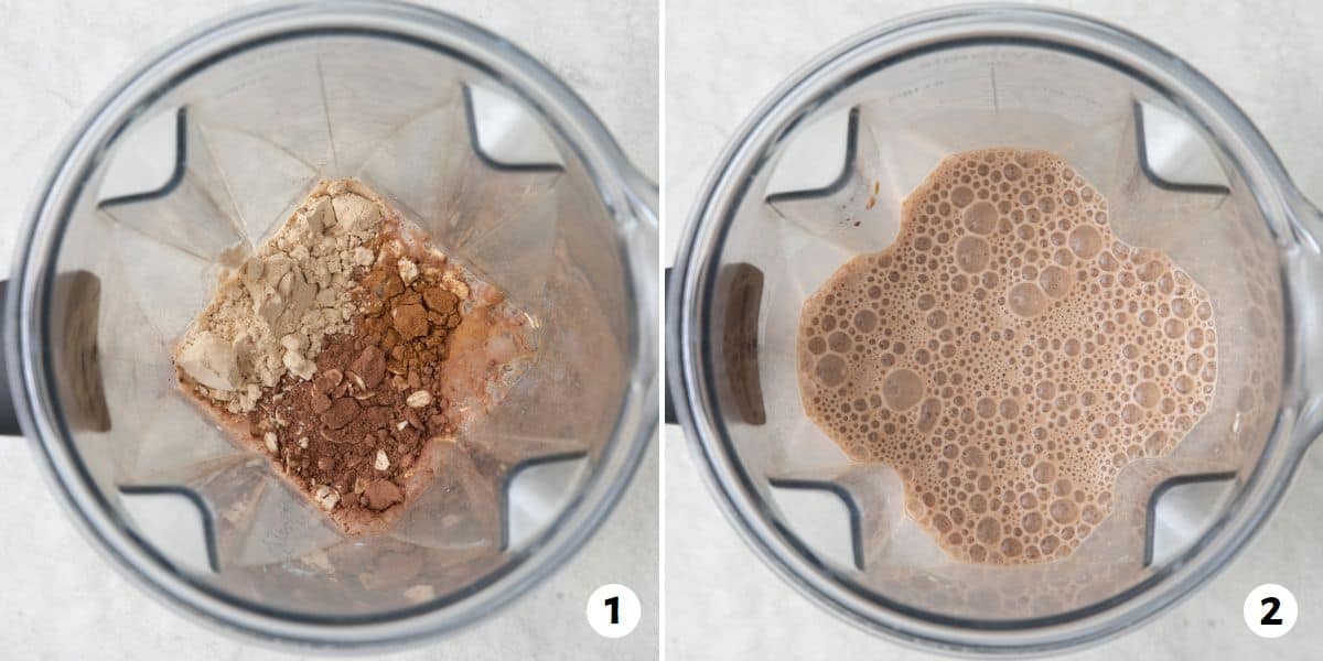 2 image collage showing ingredients in blender before and after mixed.