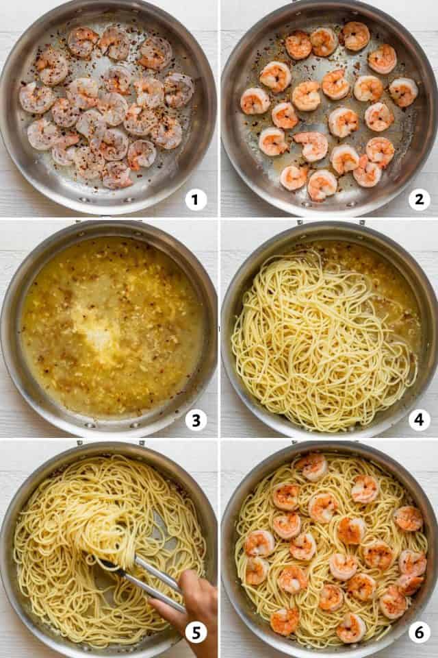 Collage of 6 images showing step by step how to make the recipe in one skillet