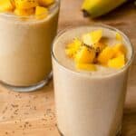 Mango banana smoothie made with almond milk, chia seeds and cauliflower