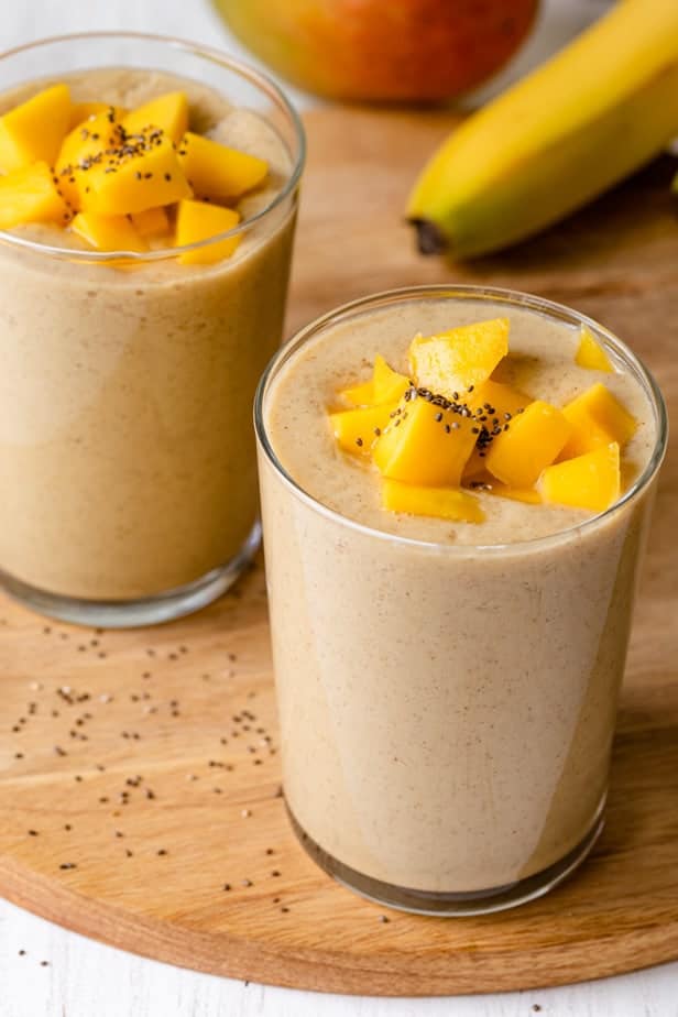 Mango banana smoothie made with almond milk, chia seeds and cauliflower