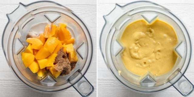 Process shots to show the ingredients in the blender before and after blending