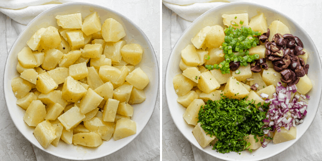 Showing the assembly of the potato salad