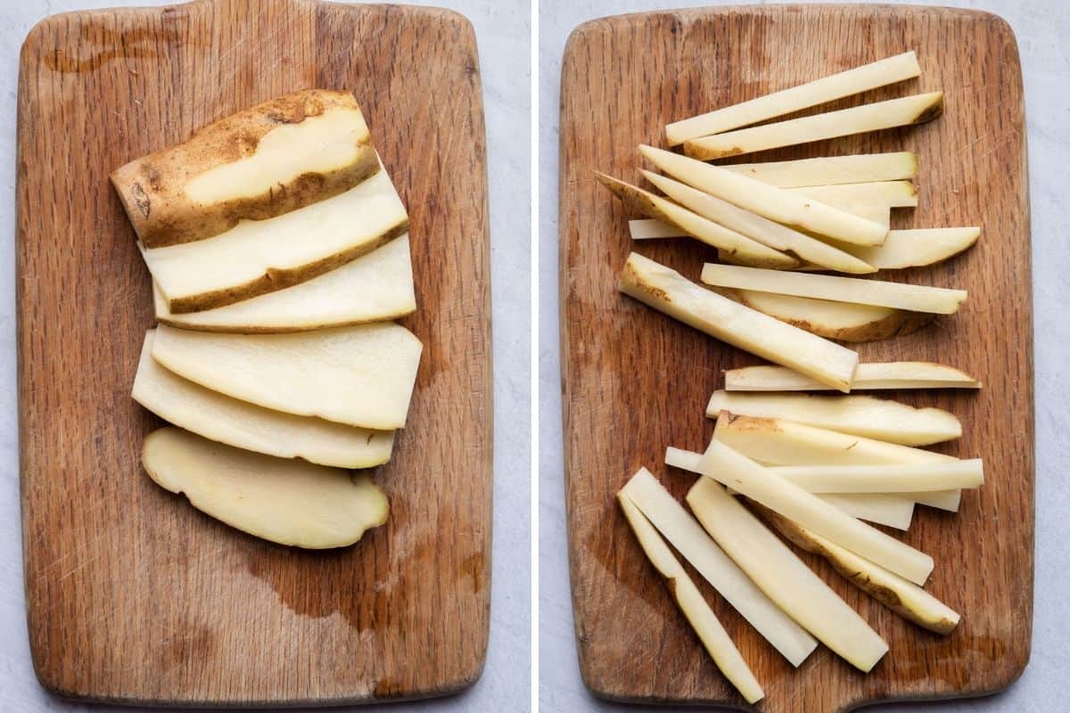 2 image collage to show the potatoes sliced and then cut into sticks