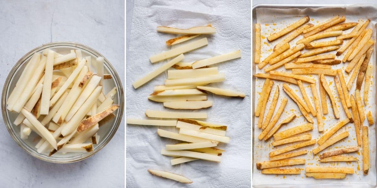 3 image collage to show the potatoes submerged in water, potatoes drying on paper towel and then seasoned on a baking dish lined with parchment paper