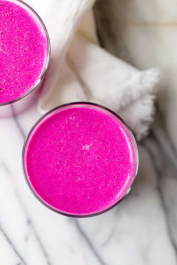 Top down view of the smoothies made with dragon fruit