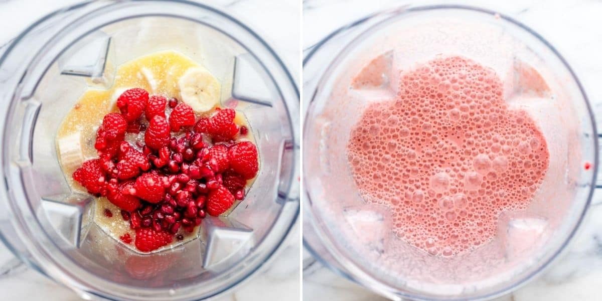 Two image collage to show the ingredients in a blender before and after blending