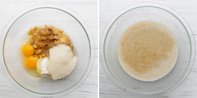 Process shots showing the wet ingredients before and after mixing