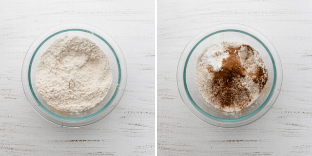 Process shots showing the dry ingredients before and after mixing