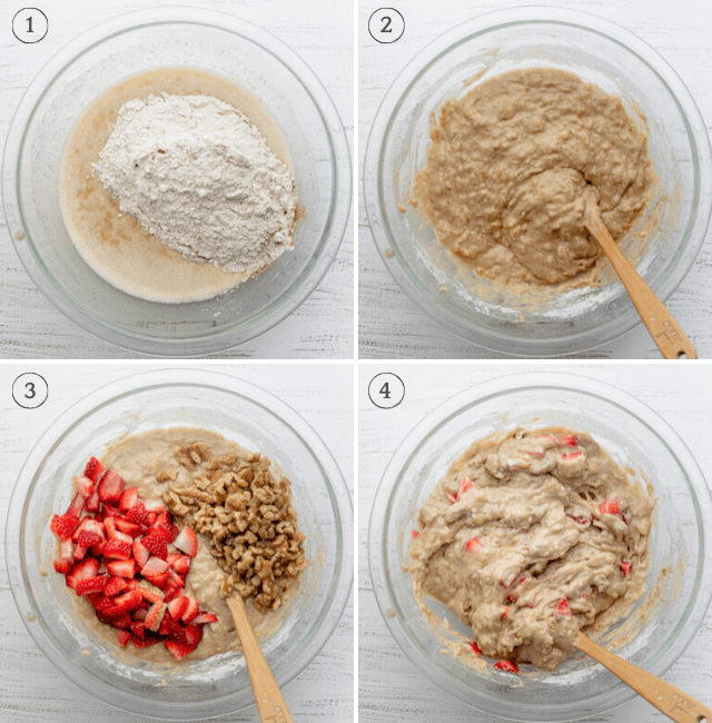 Process shots showing the dry and wet ingredients getting mixed, then adding strawberries and walnuts