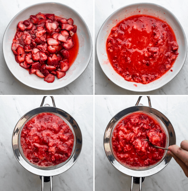 Process shots to show how to make the strawberry sauce from frozen strawberries