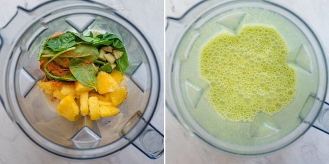 Process shots to show the ingredients in blender before and after blending