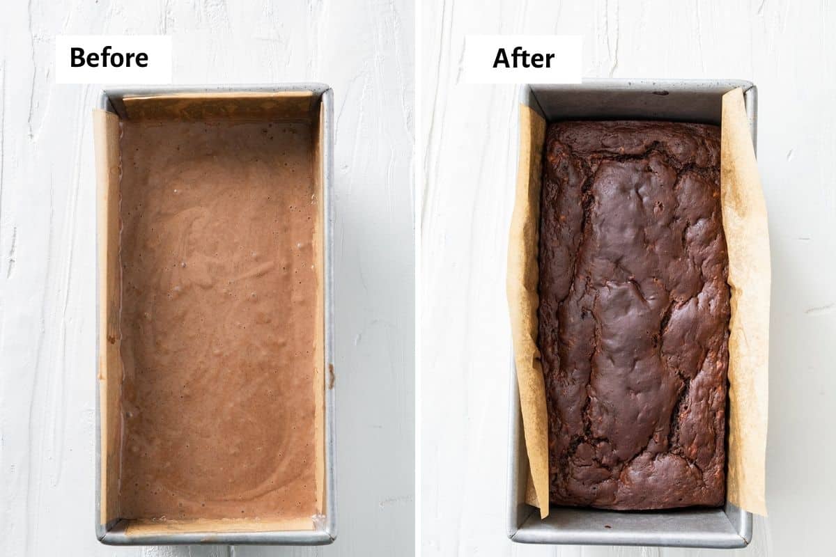 Batter in a loaf pan before and after baking