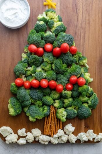 Christmas Tree Vegetable Platter on a table with dip