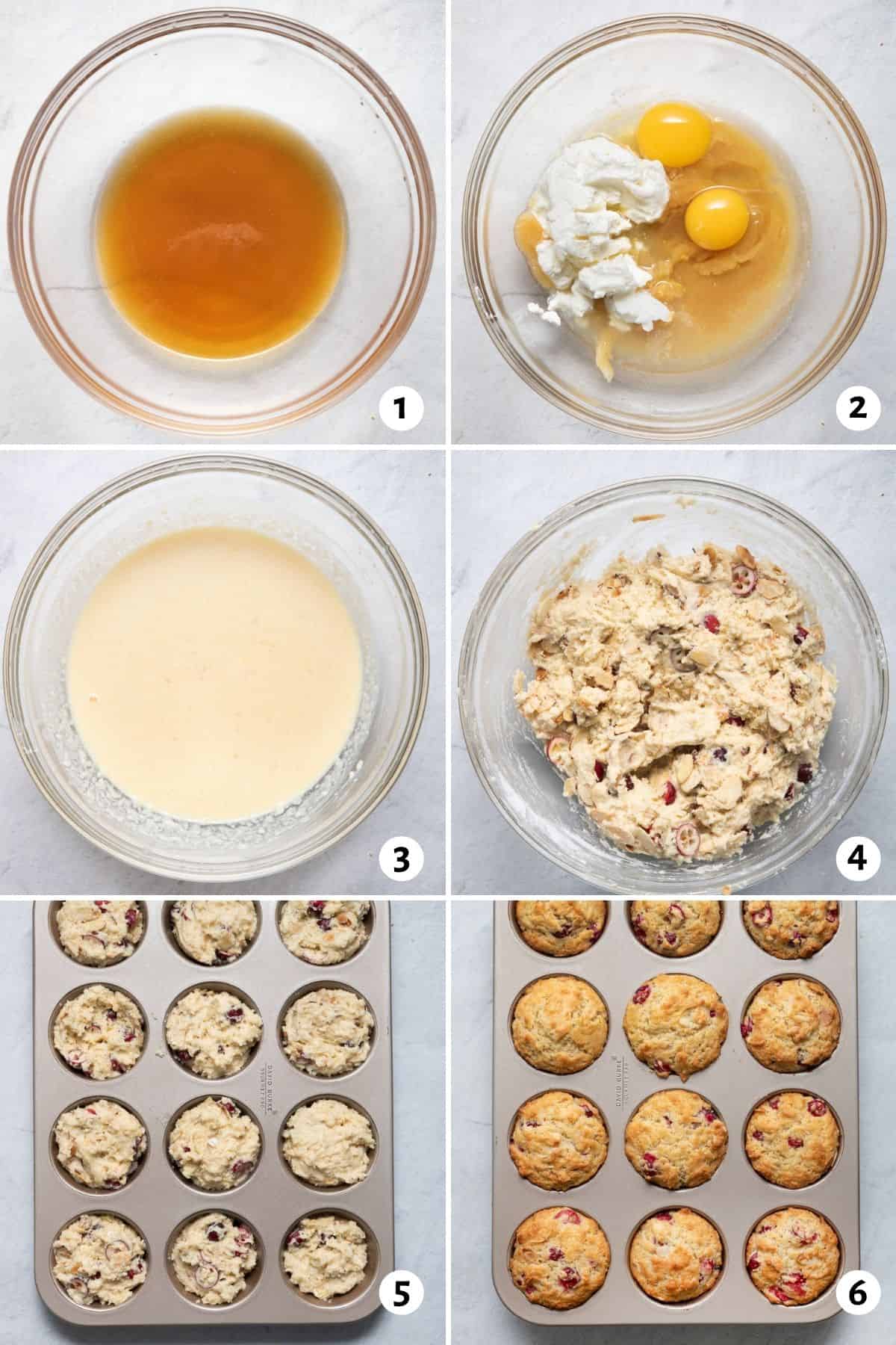 6 image collage to show how to mix the batter, then add to muffin tin and bake