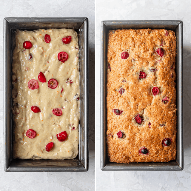 Loaf pan with the batter before and after baking