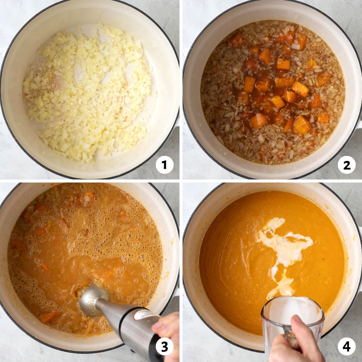Collage of two images showing the pot of soup with the vegetable broth before and after blending