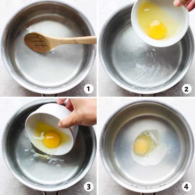 Step by step tutorial for how to poach an egg starting in a pot with water and vinegar