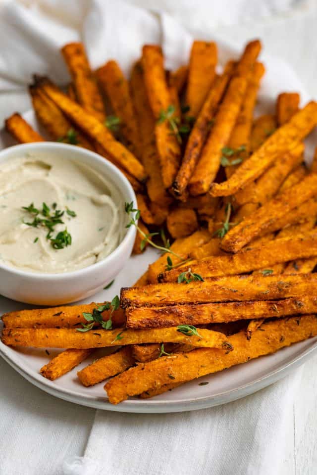Butternut squash fries with mayo thyme dipping sauce