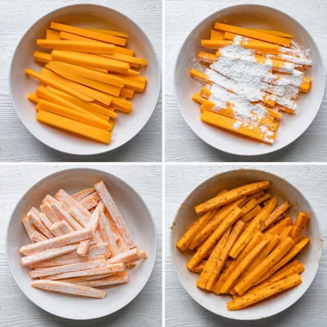 4 image collage to show the fries in a bowl, then getting tossed with corn starch, then seasoned