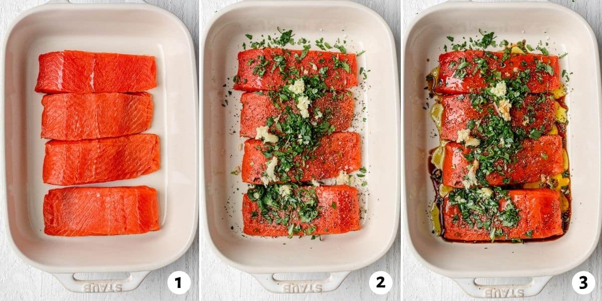 3 image collage to show the salmon uncooked, then topped with the seasoning, then with the added olive oil and soy sauce