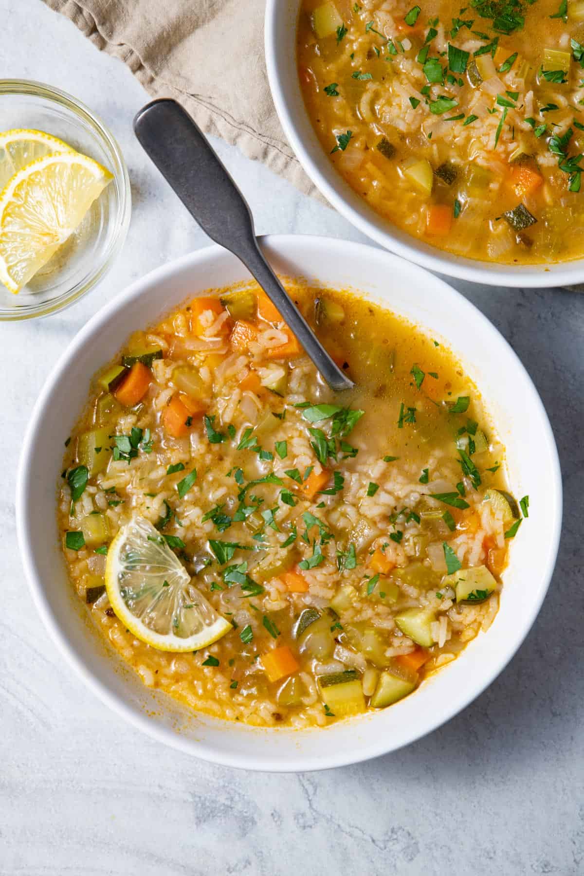 Overhead shot of Lemon Rice Soup in two bowls