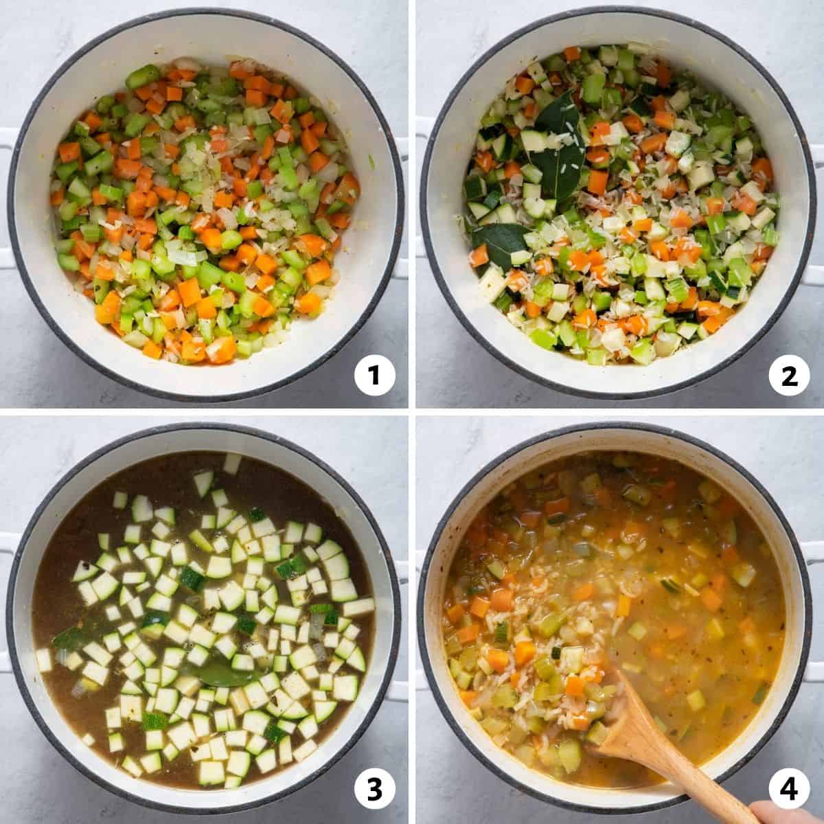 4 image collage to show the vegetables in the pot, then seasoning added, then broth added and then the final product