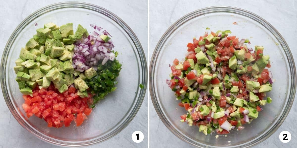 2 image collage to show the avocado salsa before and after mixing