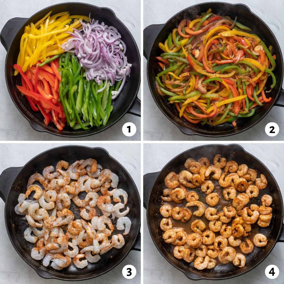 4 image collage to show how to cook the bell peppers and then how to cook the shrimp with the fajita seasoning in a cast iron skillet