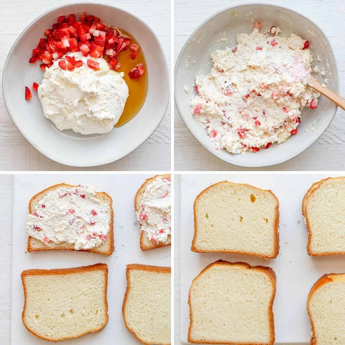 4 image collage to show how to mix the cream cheese and strawberry filling and then stuff the french toast