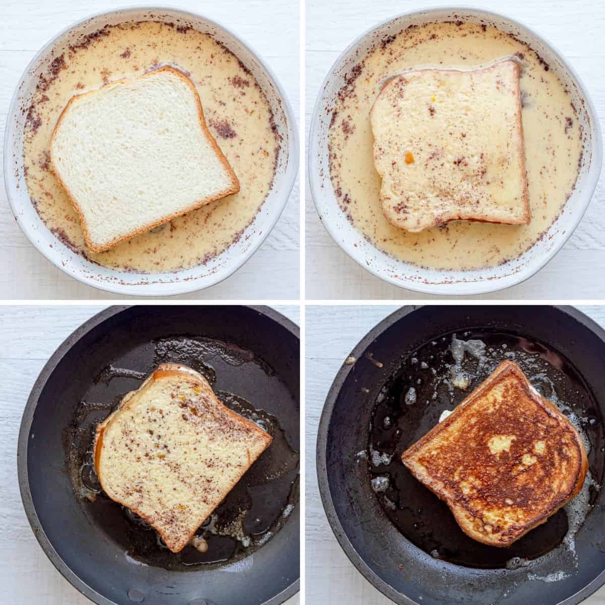 4 image collage to show how to add the french toast to the batter then cook it