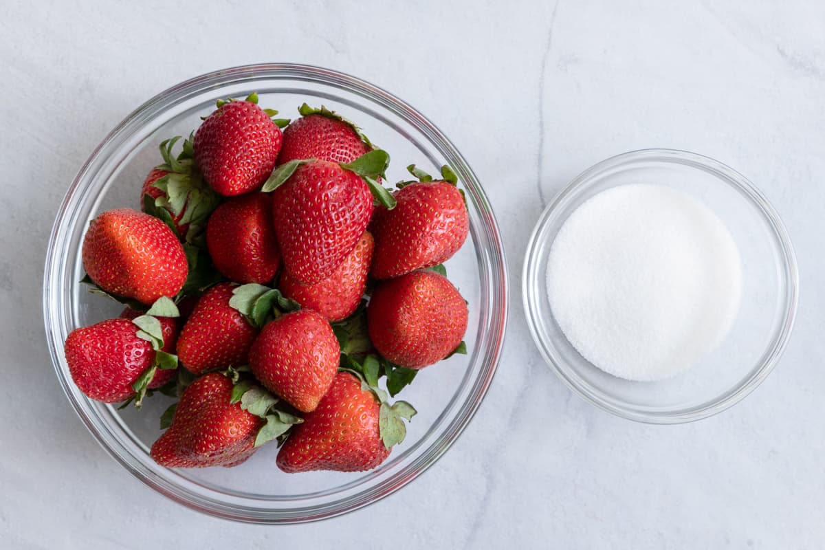 Ingredients for sauce: strawberries and sugar.