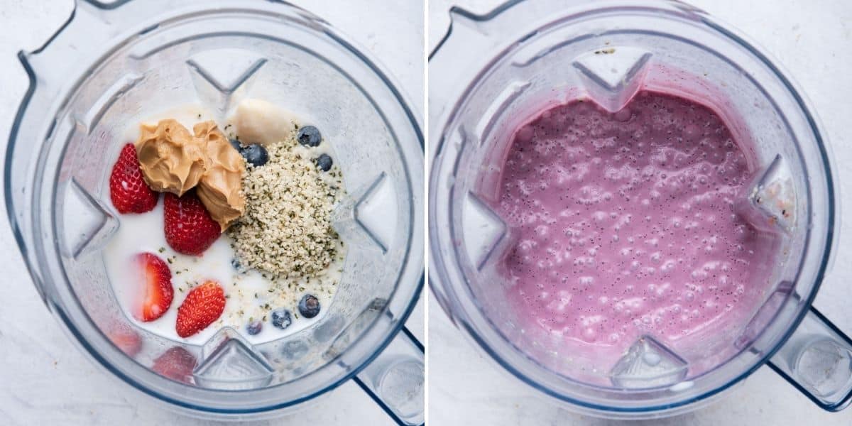 2 image collage to show the ingredients in a blender before and after blending