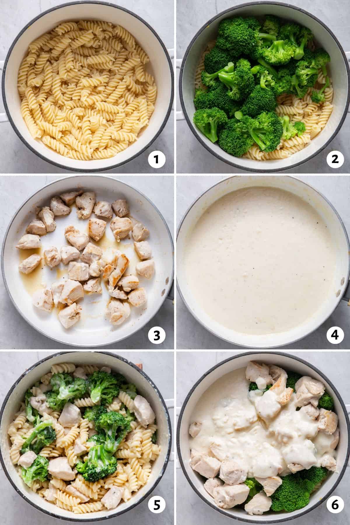 6 image collage to show how to cook the pasta, cook the broccoli, then the chicken, and sauce and put it all together