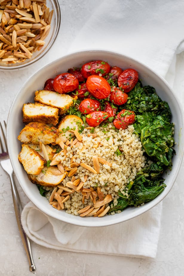 Chicken and Quinoa Bowl served with a fork