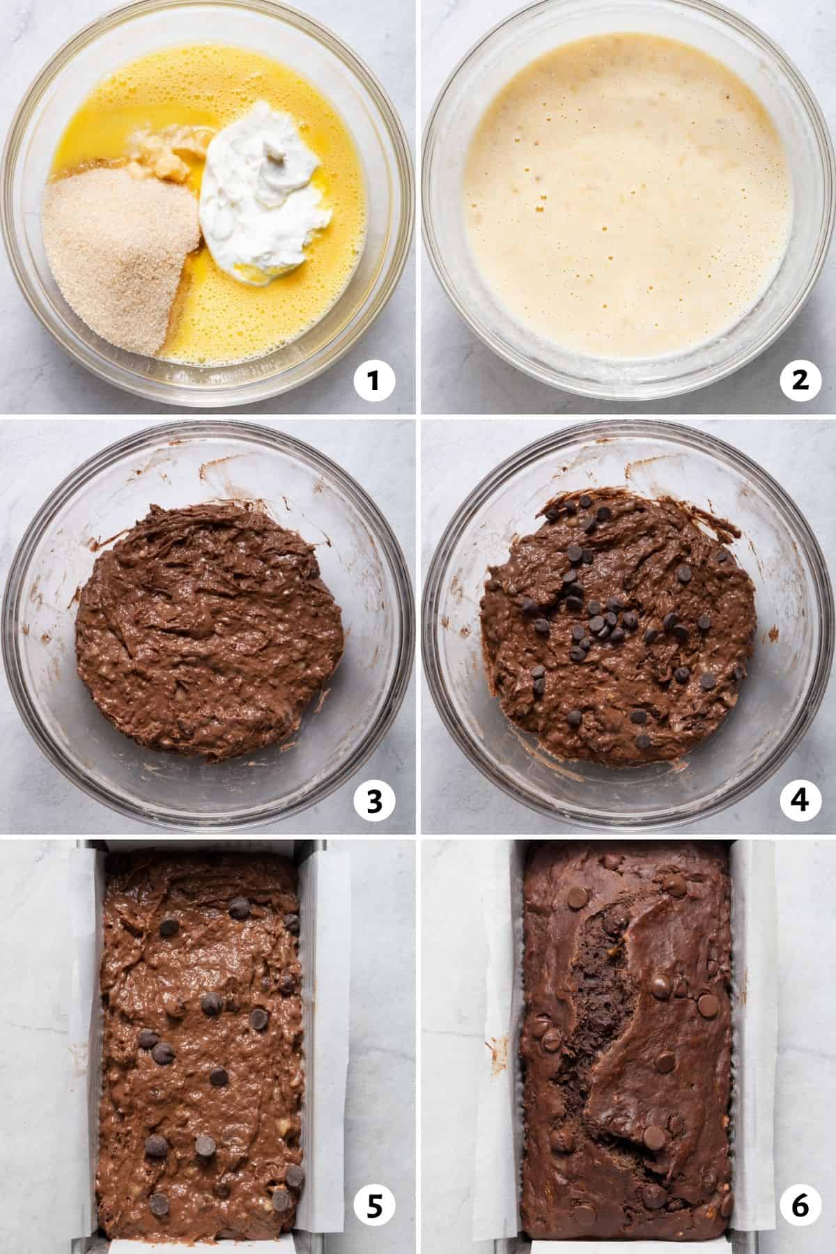 6 image collage to show how to mix the batter, add the chocolate, then bake in the oven