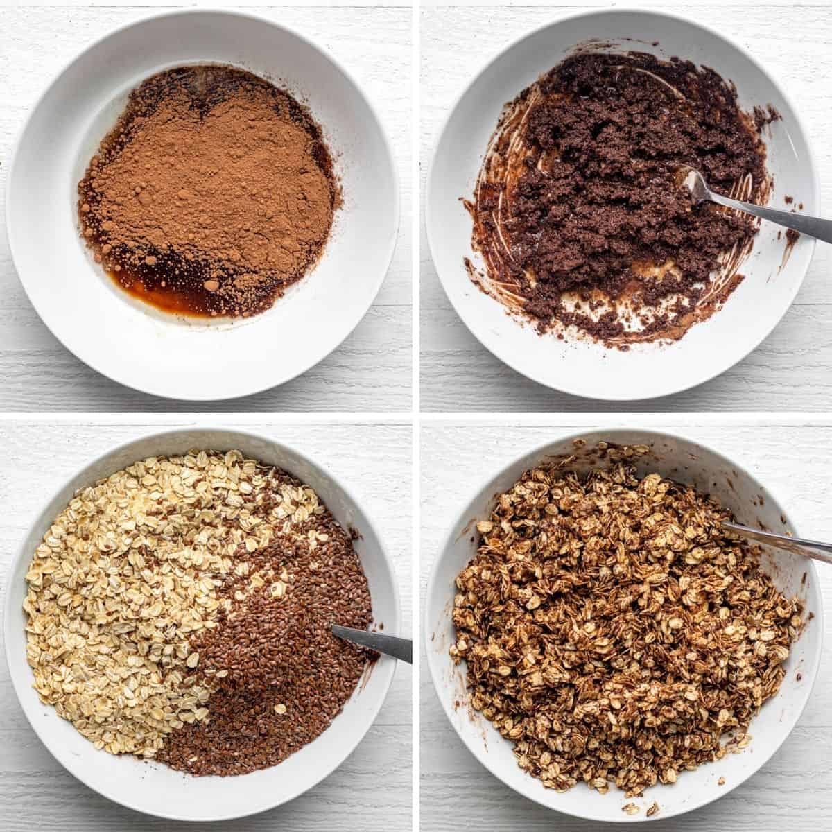 4 image collage to show how to make the ingredients step-by-step in a large white bowl