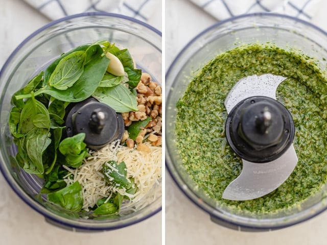 Collage showing how to make walnut pesto before and after blending in food processor