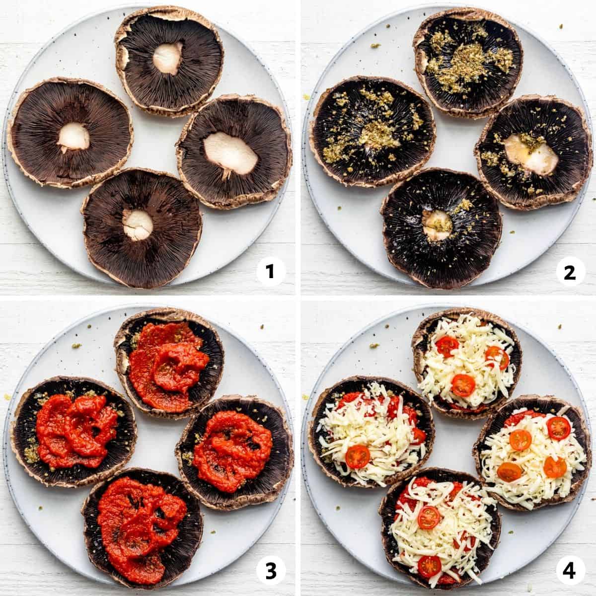 4 image collage to show how to build the pizzas