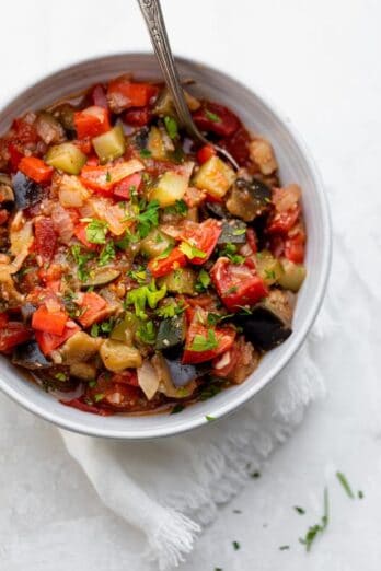 Final ratatouille recipe in a bowl with parsley