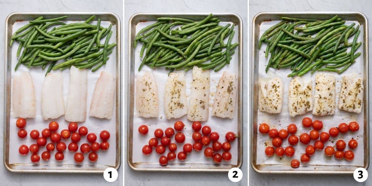 3 image collage to show how to make the sheet pan meal