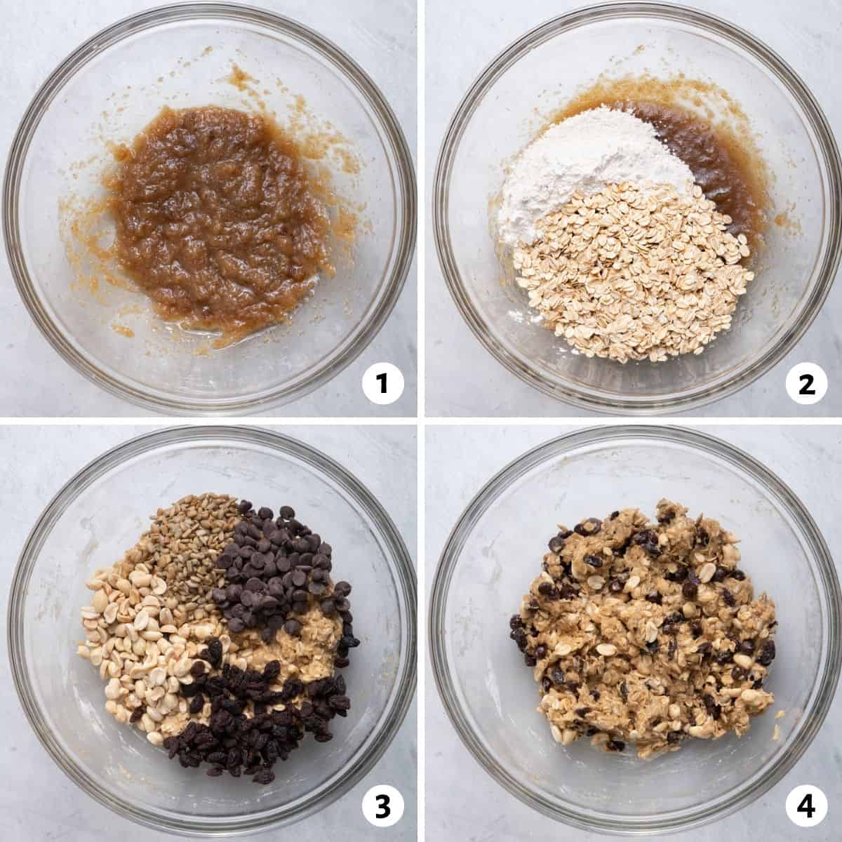4 image collage to show how to mix the batter and the add-ins for the cookies