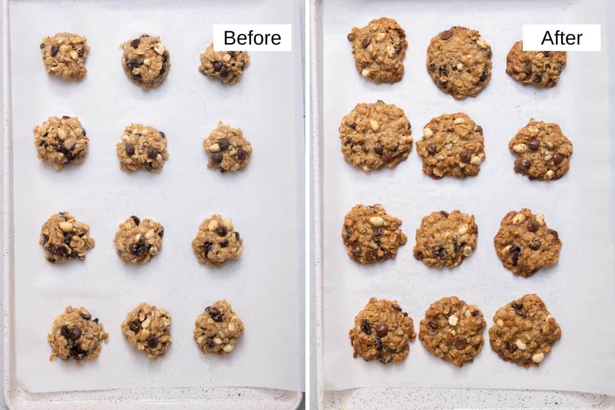 2 image collage to show the cookies before and after baking