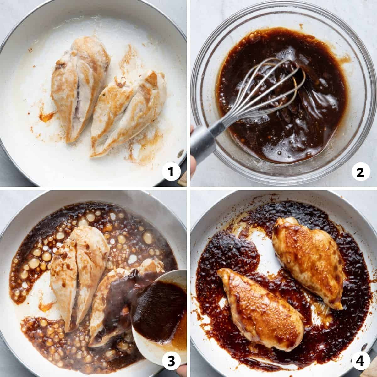 4 image collage to show how to make the sauce, cook the chicken and put it together