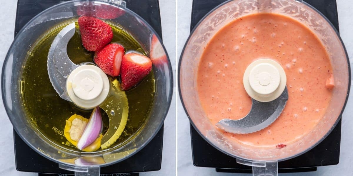 2 image collage to show how to make the dressing in a blender