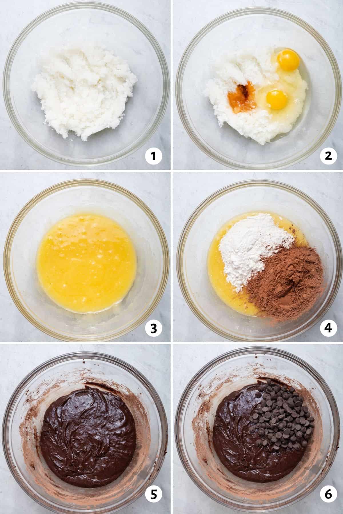 6 image collage to show how to make the batter for the brownies in one bowl