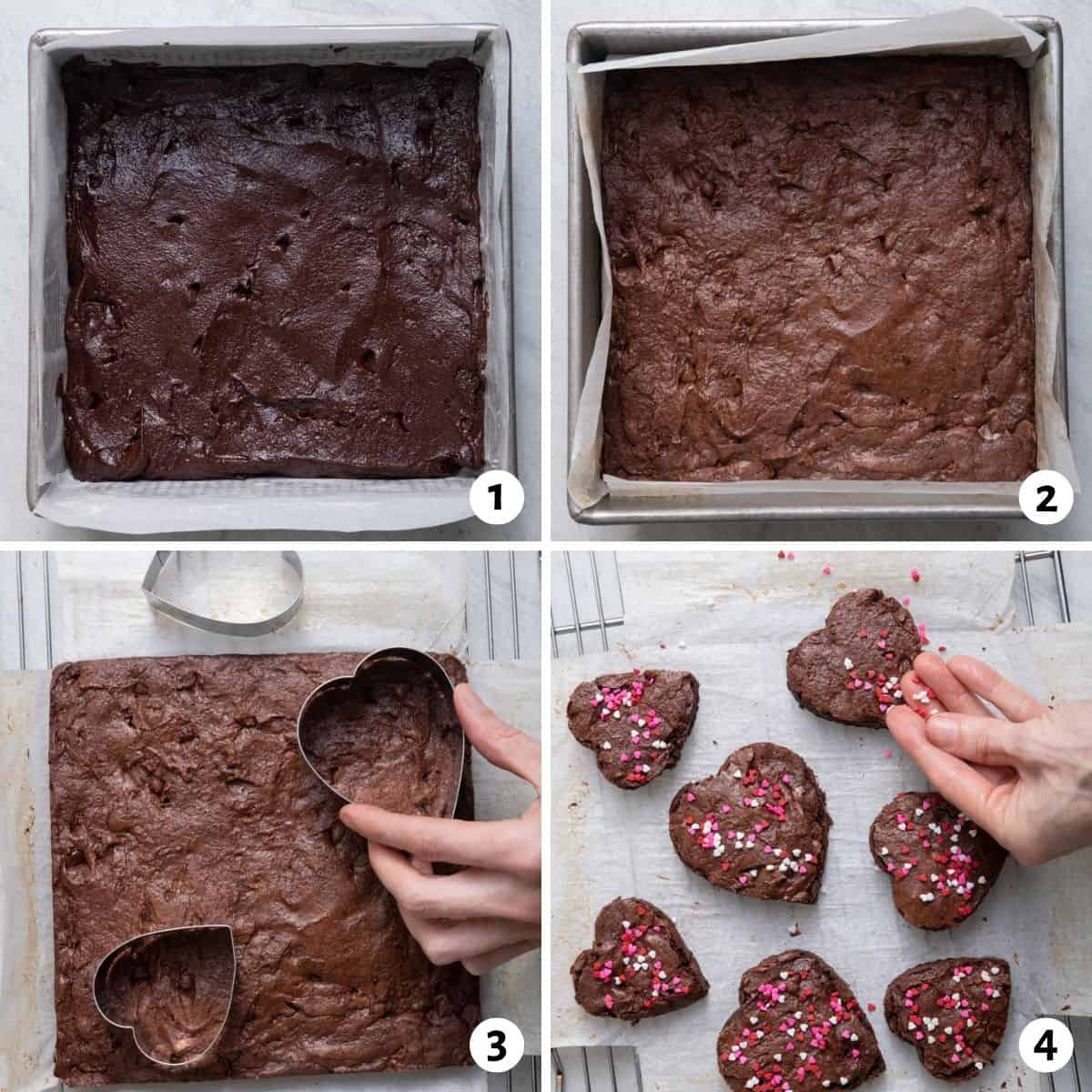 4 image collage to show the brownie batter in the baking dish before and after baking and then cutting out the brownies into heart shapes and decorating