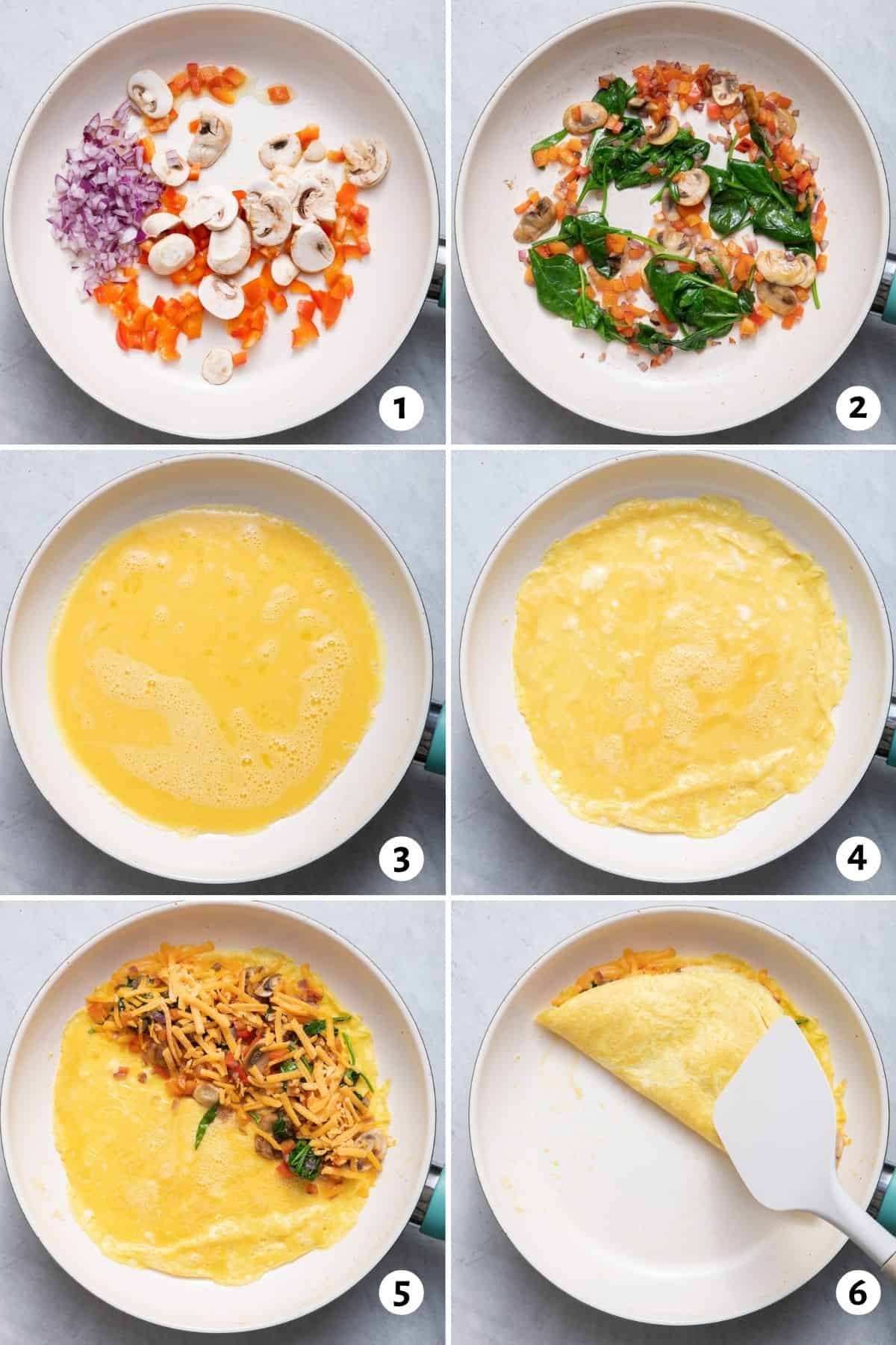 6 image collage showing veggies getting cooked, egg on pan, then veggies stuffed in omelette, then folded over