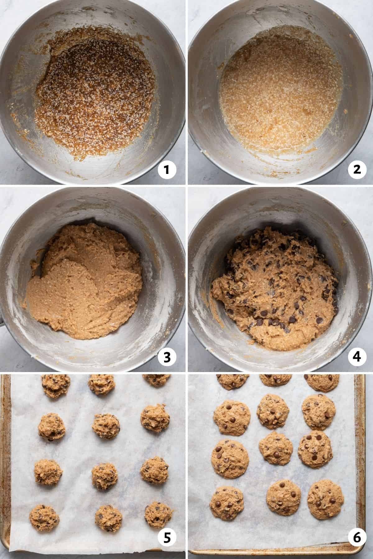 6 image collage to show how to make the cookie batter and then the cookies on the baking sheet before and after baking