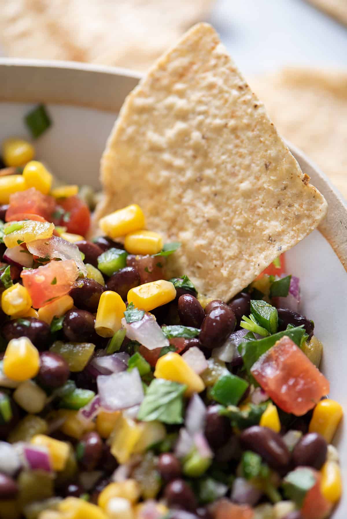 Close up shot of black bean salsa with chip dipping in